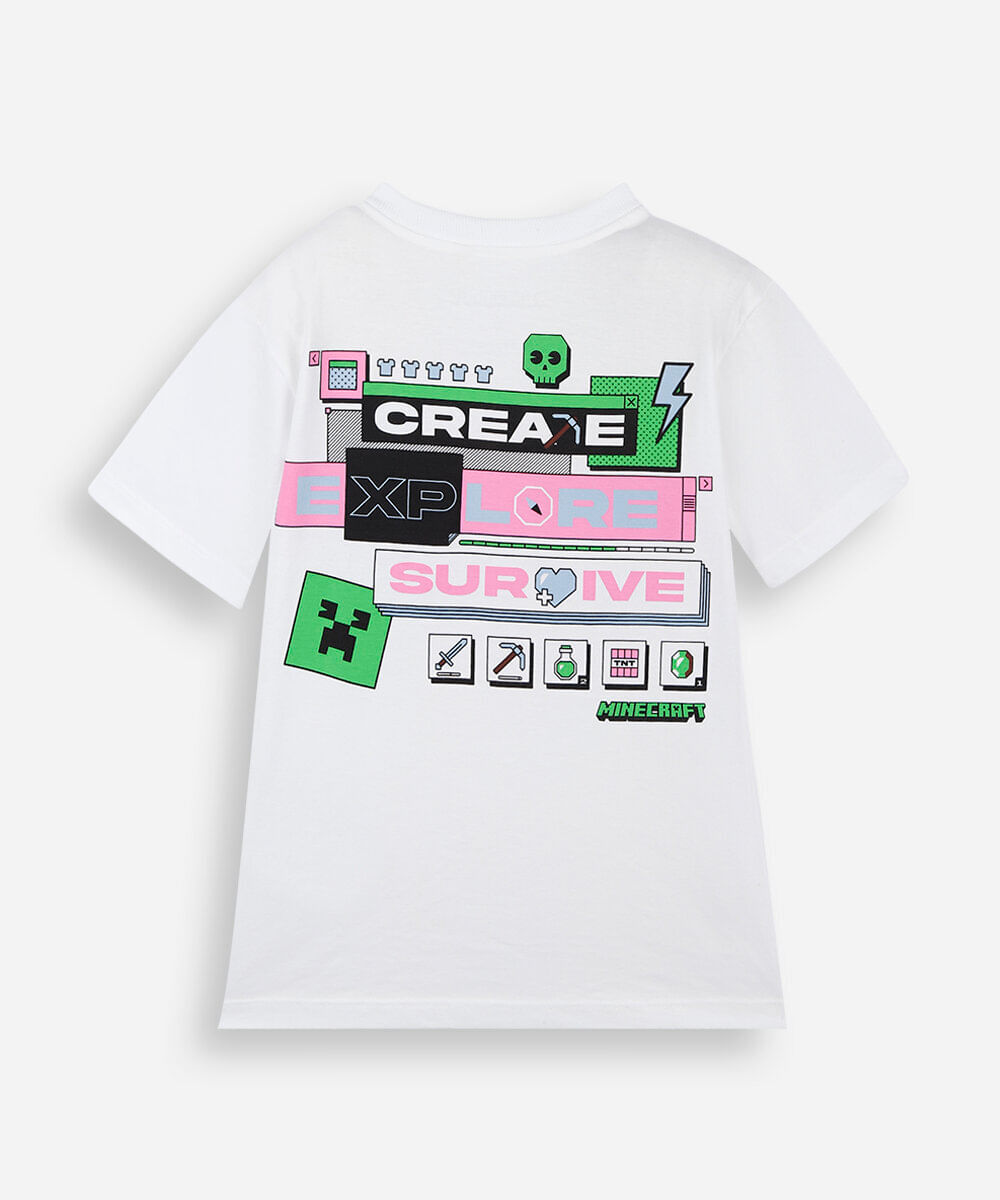 camiseta infantil de algodão manga curta minecraft off white