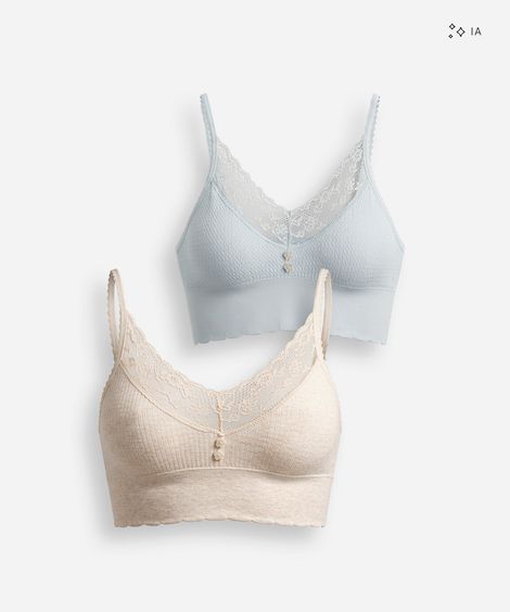 kit de 2 sutiãs top femininos com bojo removível e renda colorido