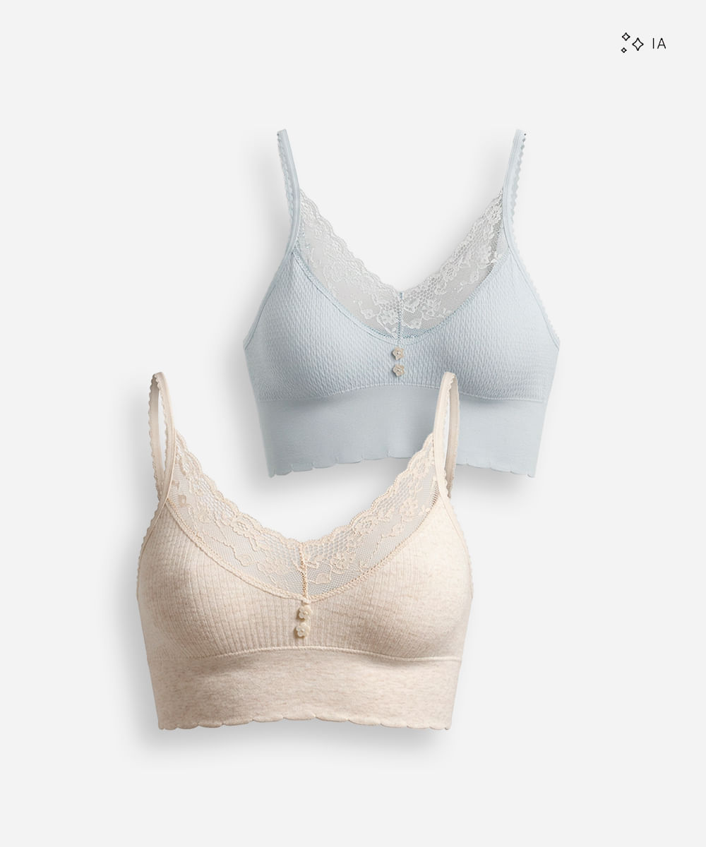 kit de 2 sutiãs top femininos com bojo removível e renda colorido