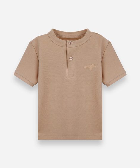 camiseta infantil com algodão gola henley manga curta bege
