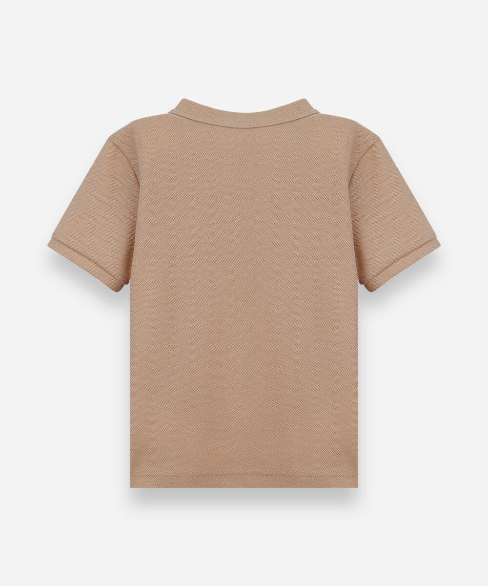 camiseta infantil com algodão gola henley manga curta bege