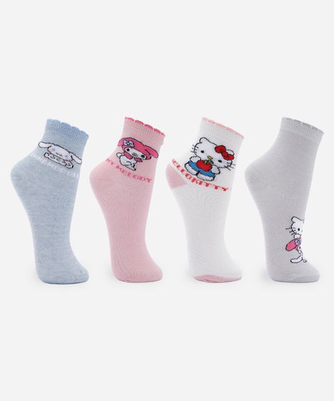 kit de 4 meias cano médio infantis hello kitty colorido