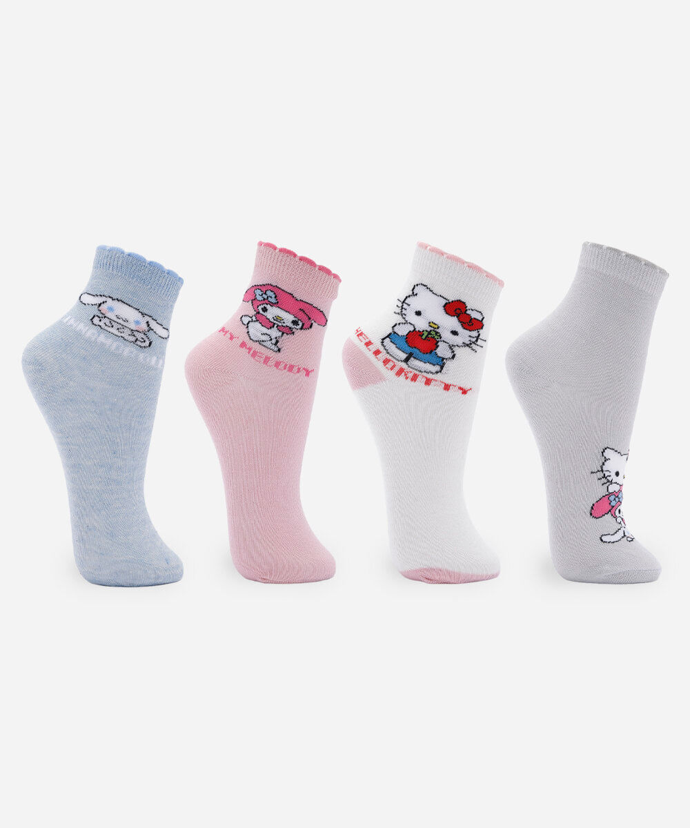kit de 4 meias cano médio infantis hello kitty colorido