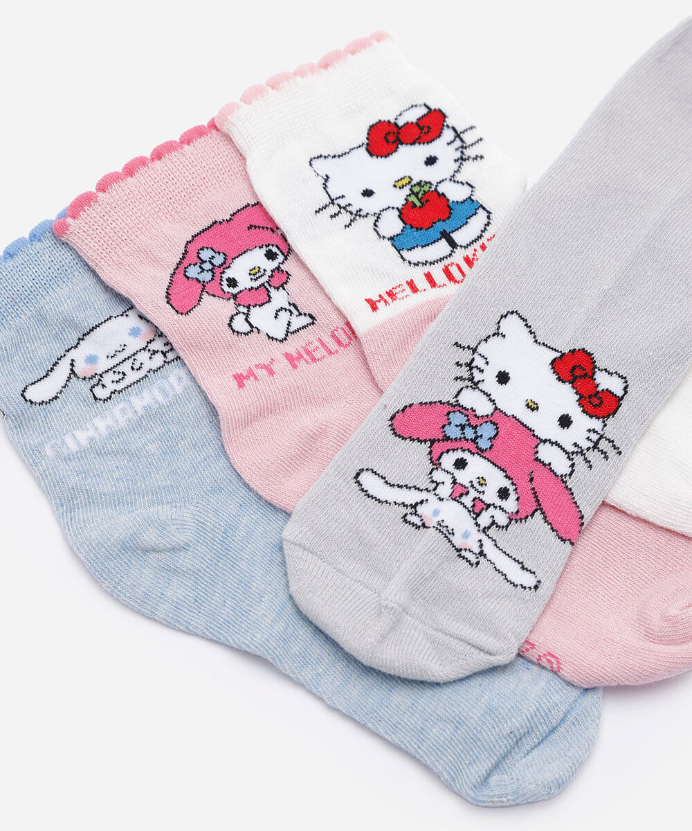 kit de 4 meias cano médio infantis hello kitty colorido