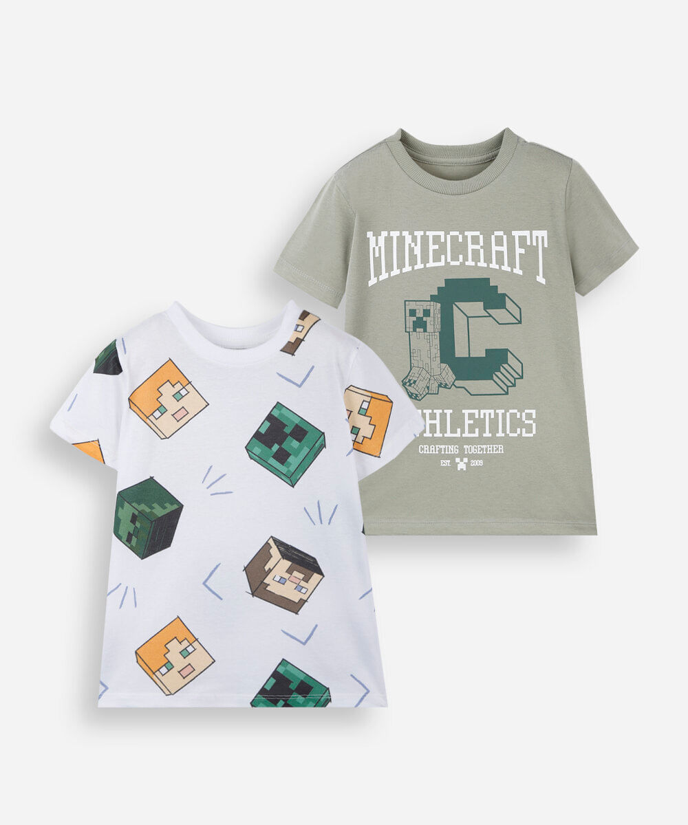 kit de 2 camisetas infantis de algodão minecraft verde
