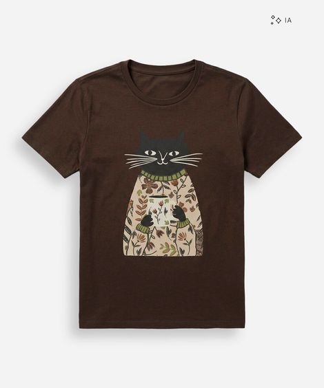 camiseta slim feminina de algodão manga curta estampada marrom