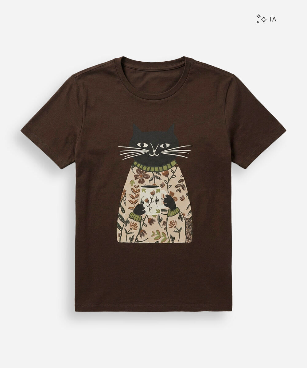 camiseta slim feminina de algodão manga curta estampada marrom