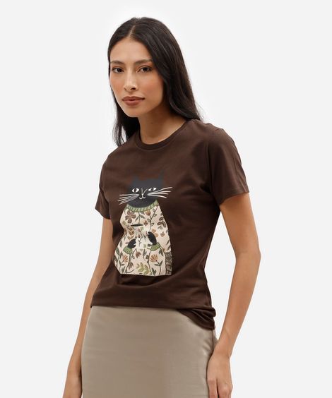 camiseta slim feminina de algodão manga curta estampada marrom