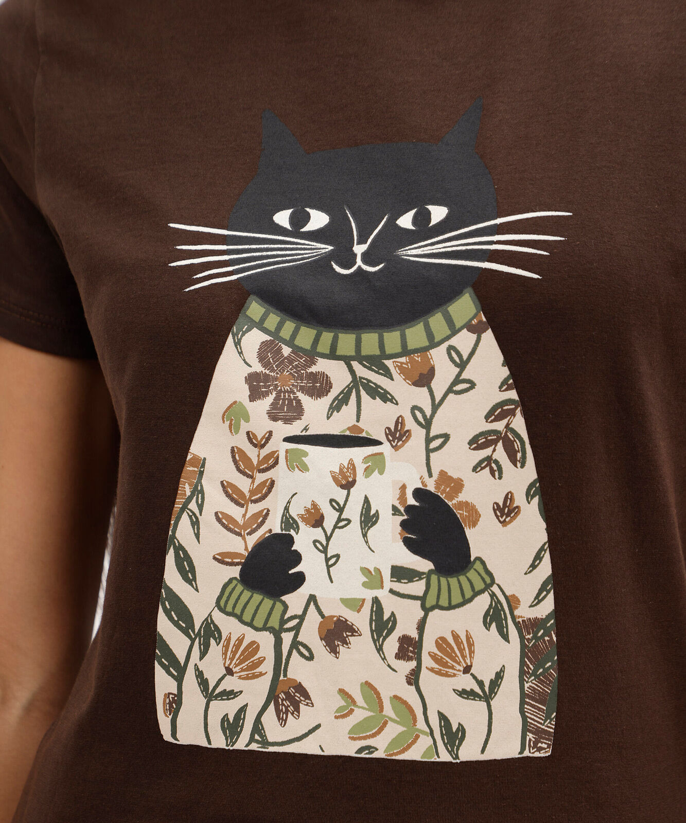 camiseta slim feminina de algodão manga curta estampada marrom