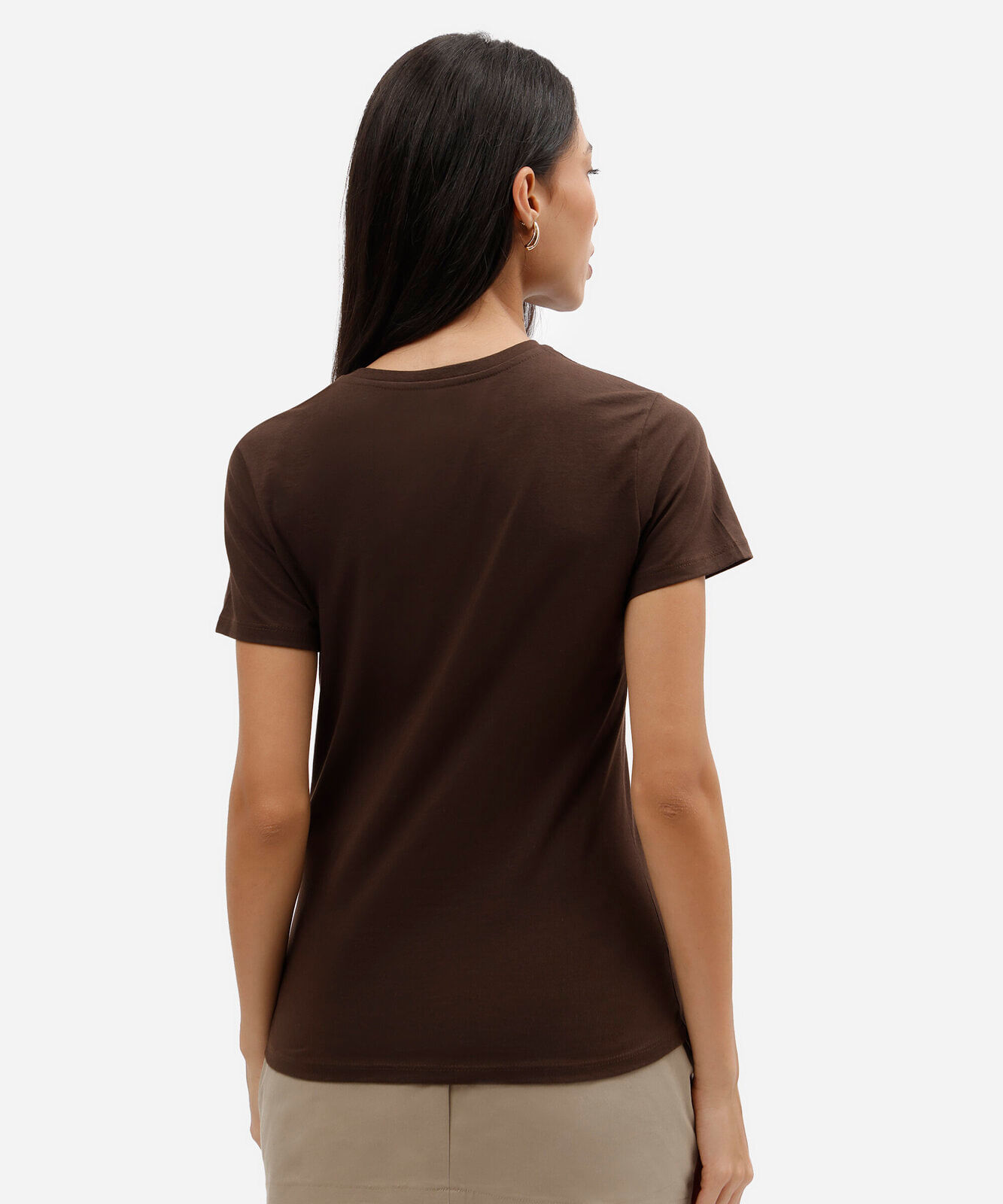 camiseta slim feminina de algodão manga curta estampada marrom