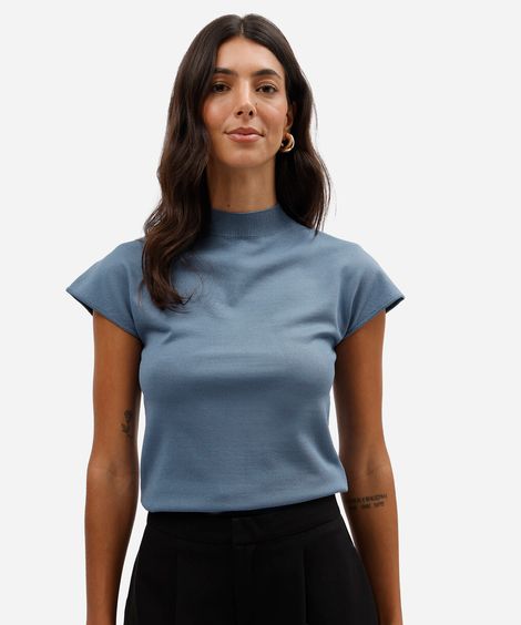 blusa feminina de tricot gola alta manga curta azul