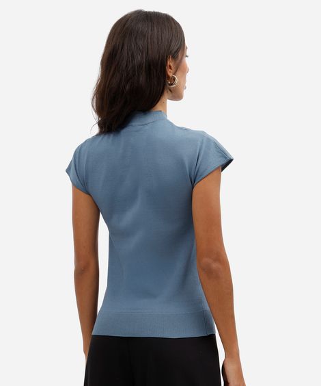 blusa feminina de tricot gola alta manga curta azul