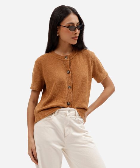 blusa feminina de tricot manga curta texturizada marrom