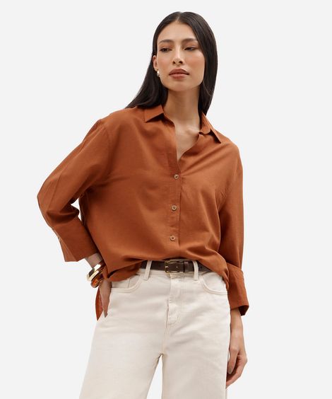 camisa feminina com linho manga longa laranja