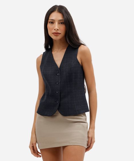colete de alfaiataria feminino  decote v xadrez azul