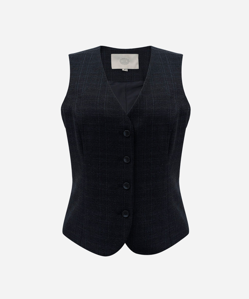 colete de alfaiataria feminino  decote v xadrez azul