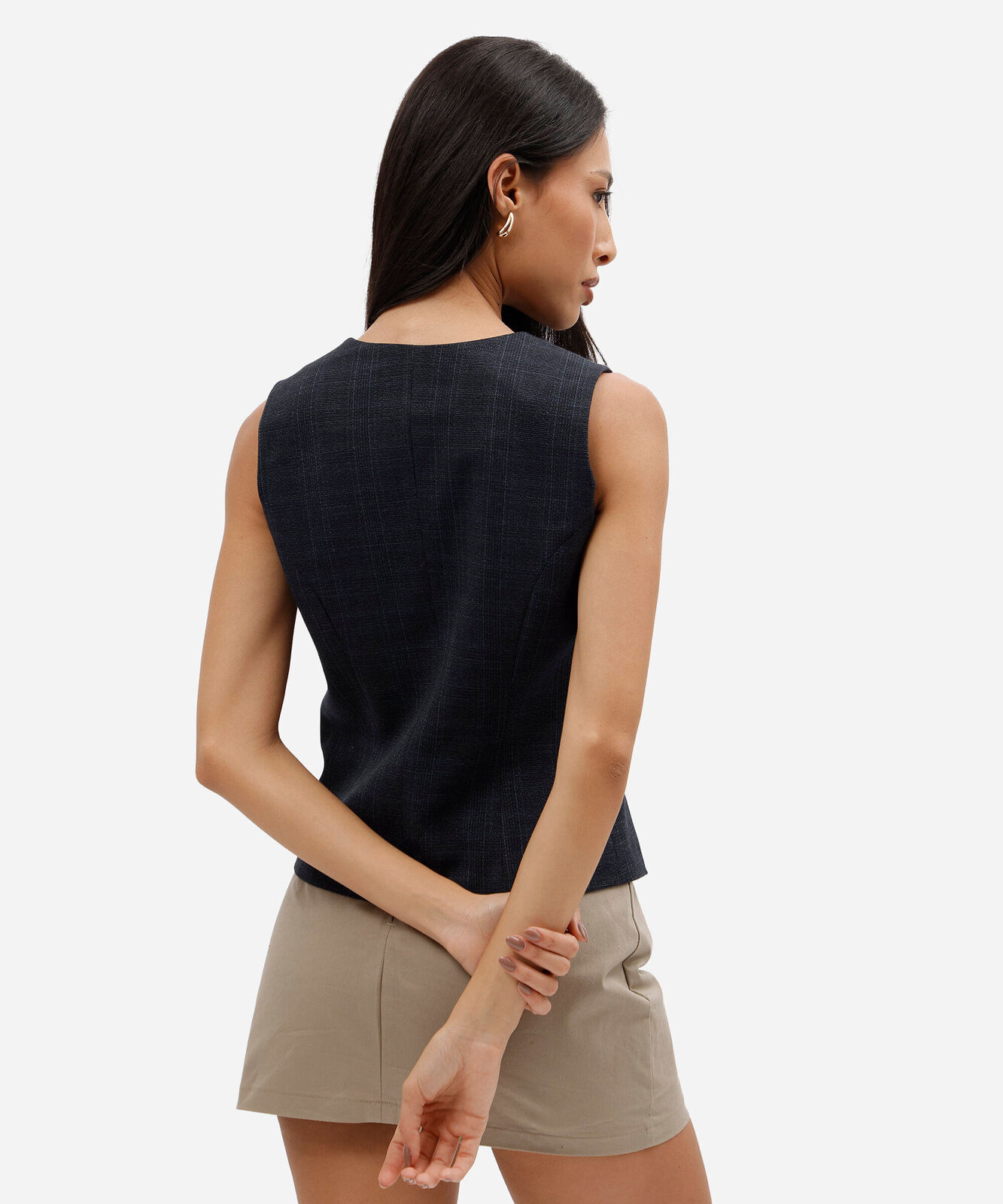 colete de alfaiataria feminino  decote v xadrez azul