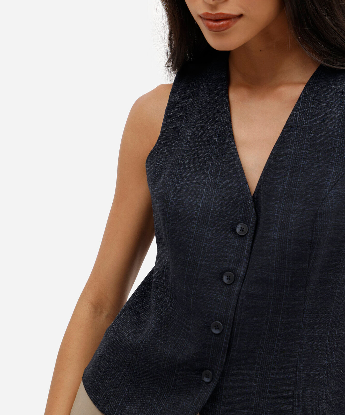 colete de alfaiataria feminino  decote v xadrez azul