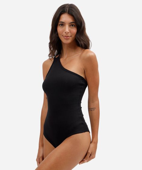 body ombro único feminino de canelada preto