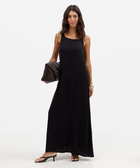 vestido longo feminino de viscose decote canoa com bolsos básico preto