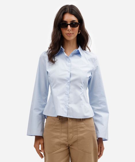 camisa acinturada feminina de algodão manga longa azul