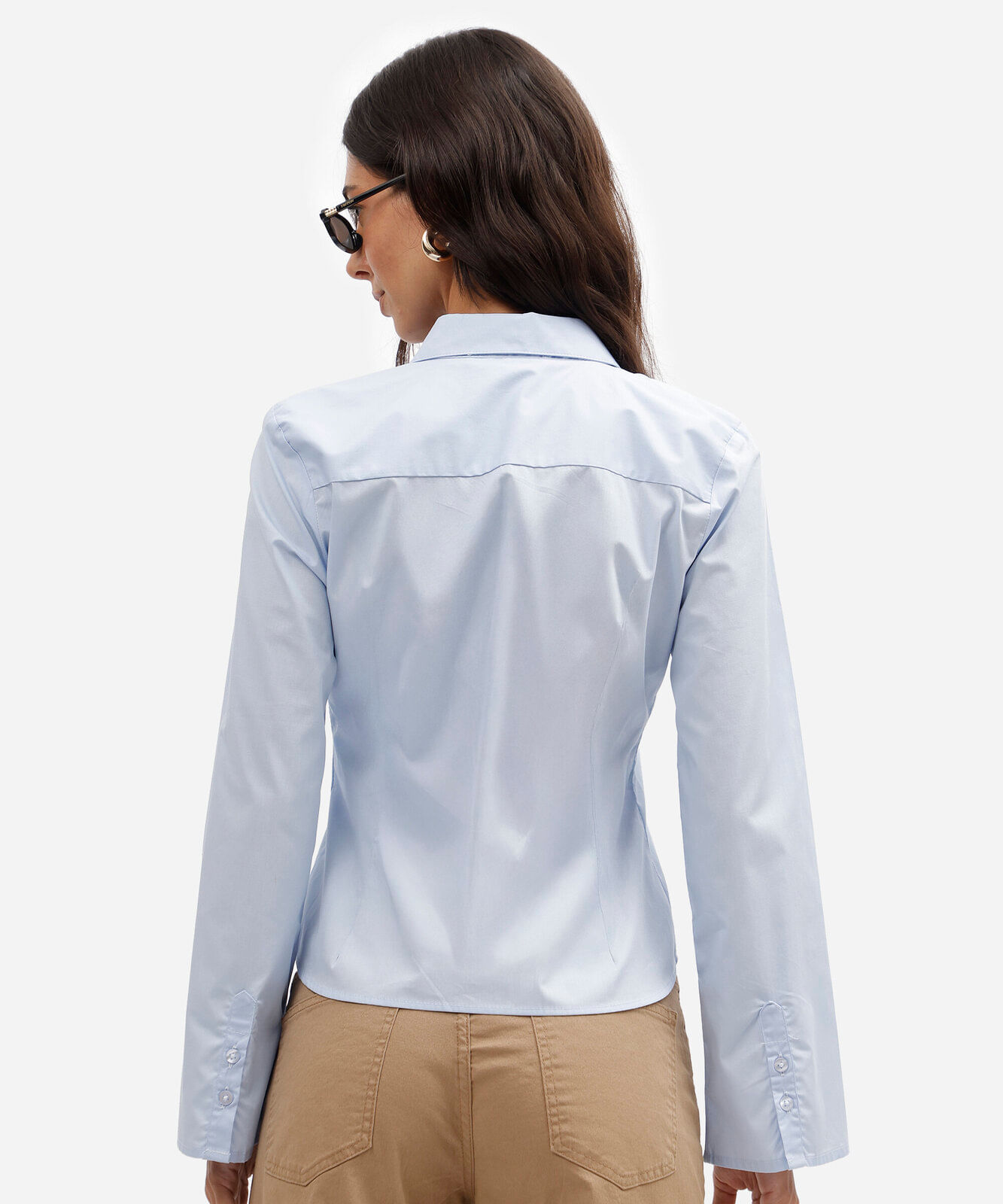 camisa acinturada feminina de algodão manga longa azul