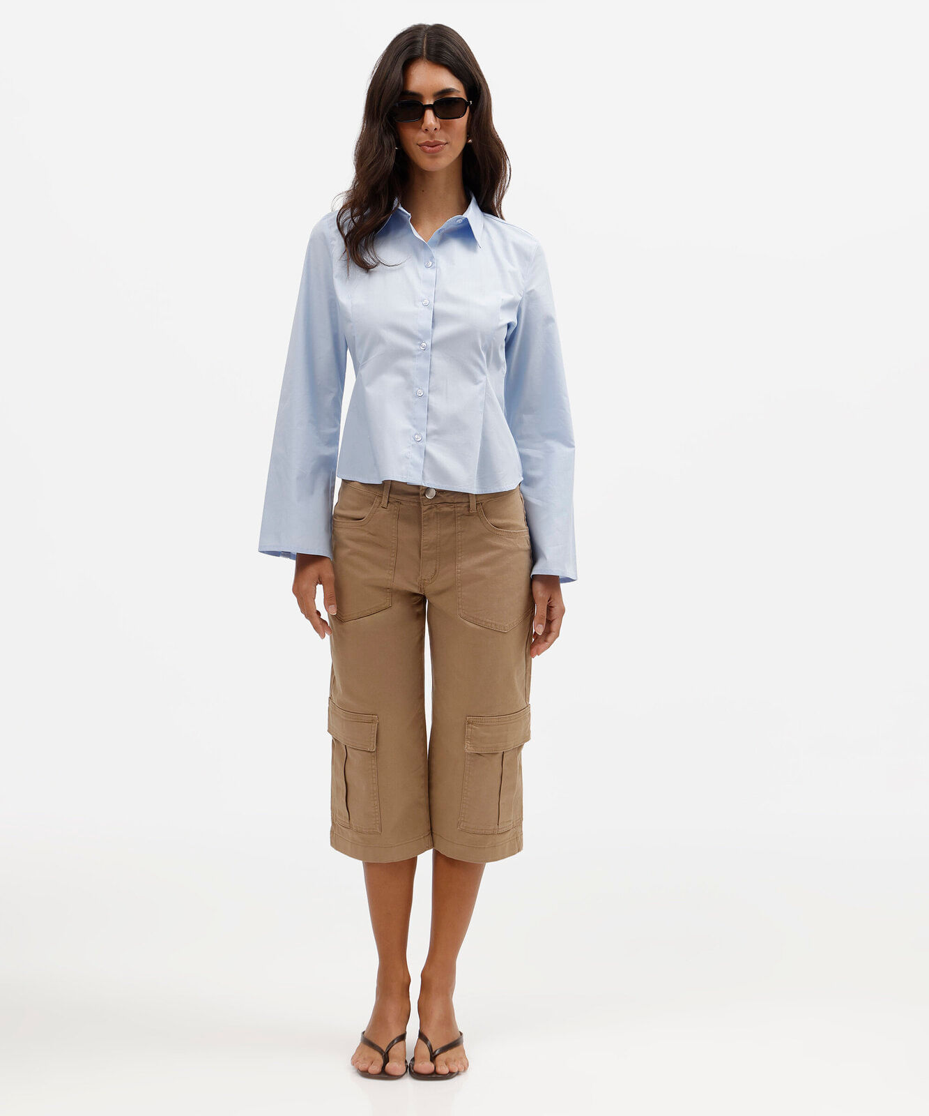 camisa acinturada feminina de algodão manga longa azul