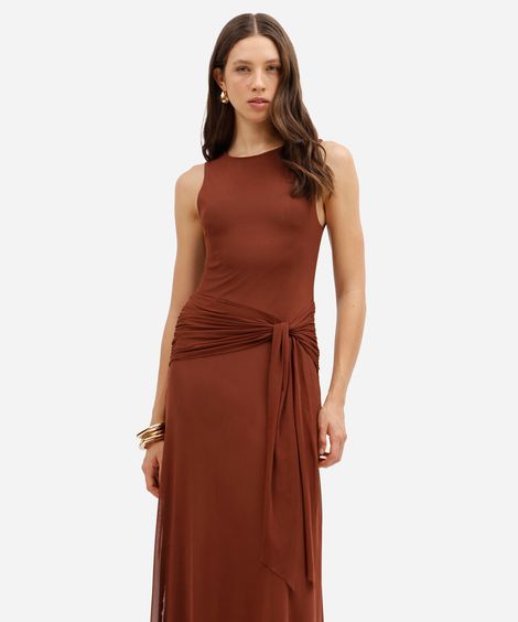 vestido longo feminino de tule com amarração marrom