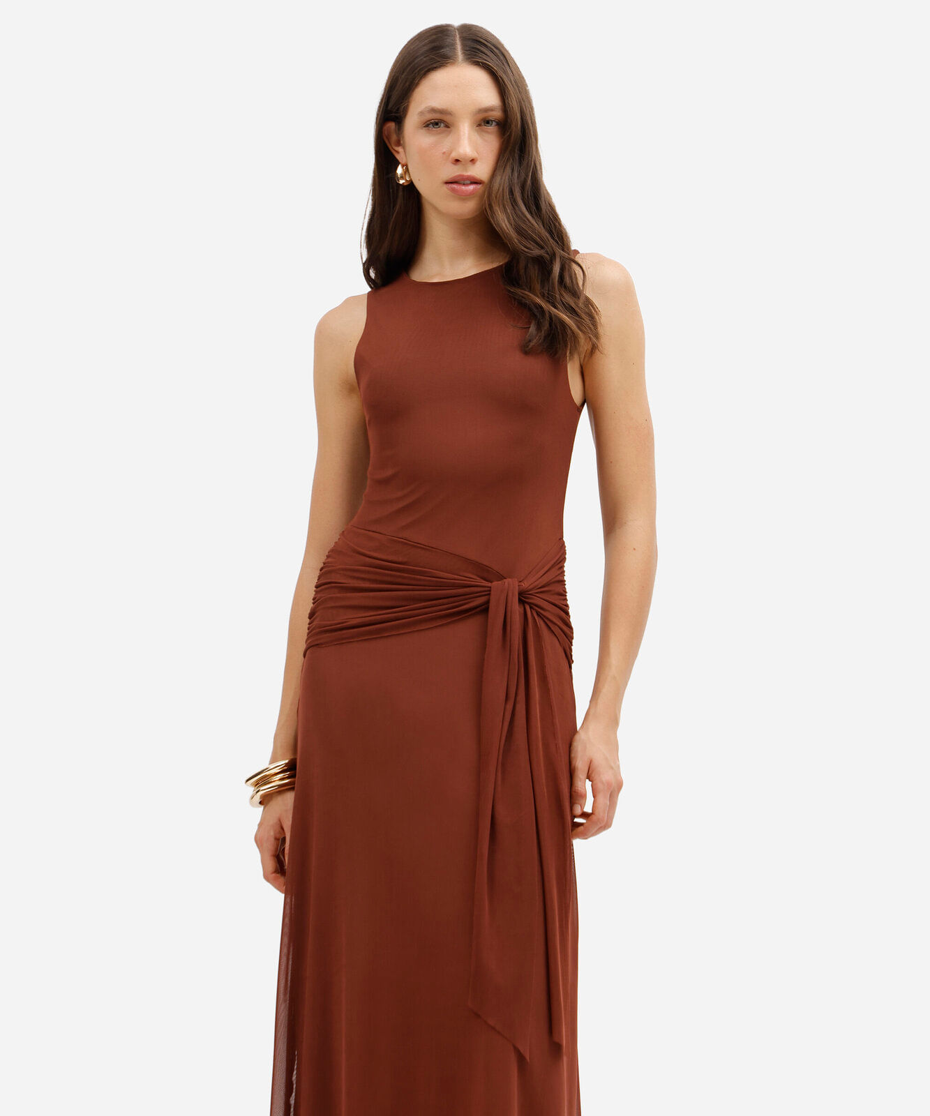 vestido longo feminino de tule com amarração marrom
