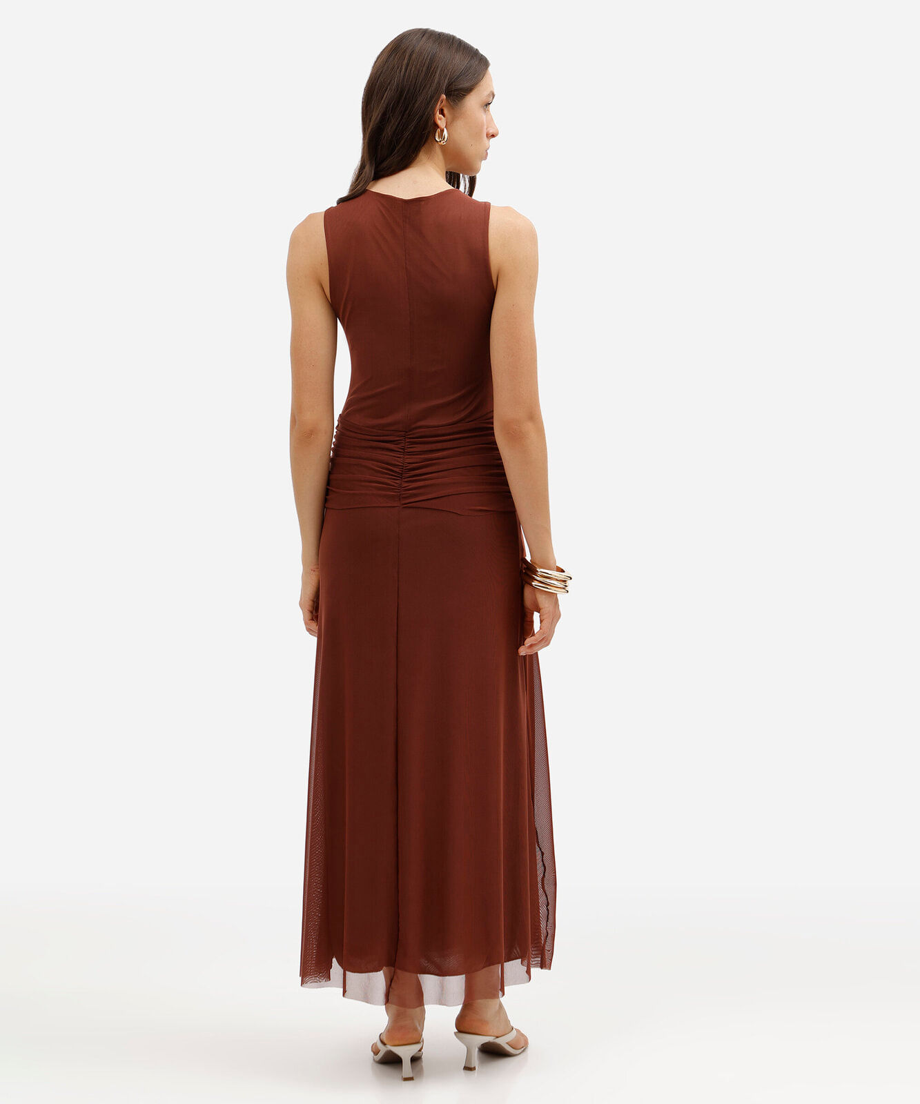 vestido longo feminino de tule com amarração marrom