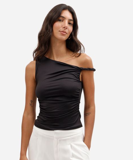blusa feminina assimétrica franzida preta