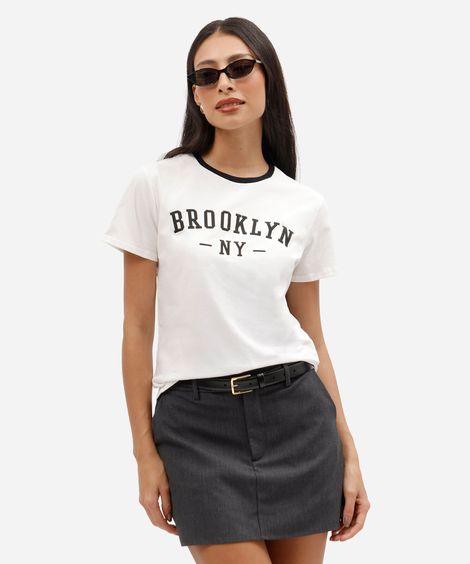 camiseta slim feminina de algodão manga curta estampada básica off white