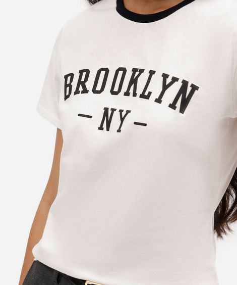 camiseta slim feminina de algodão manga curta estampada básica off white