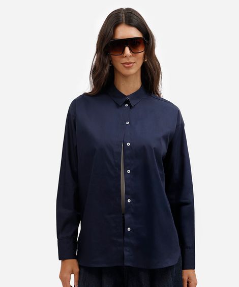 camisa feminina de algodão manga longa oversized azul