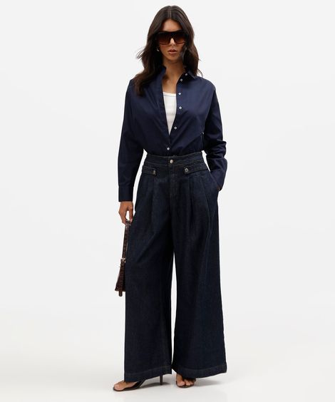 camisa feminina de algodão manga longa oversized azul