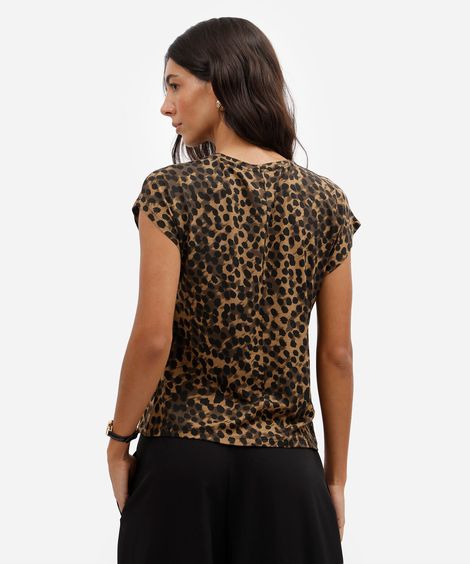 blusa feminina de viscose manga curta animal print marrom