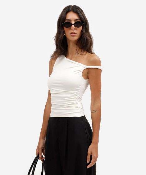 blusa feminina assimétrica franzida off white