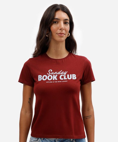 camiseta slim feminina de algodão manga curta estampada vinho