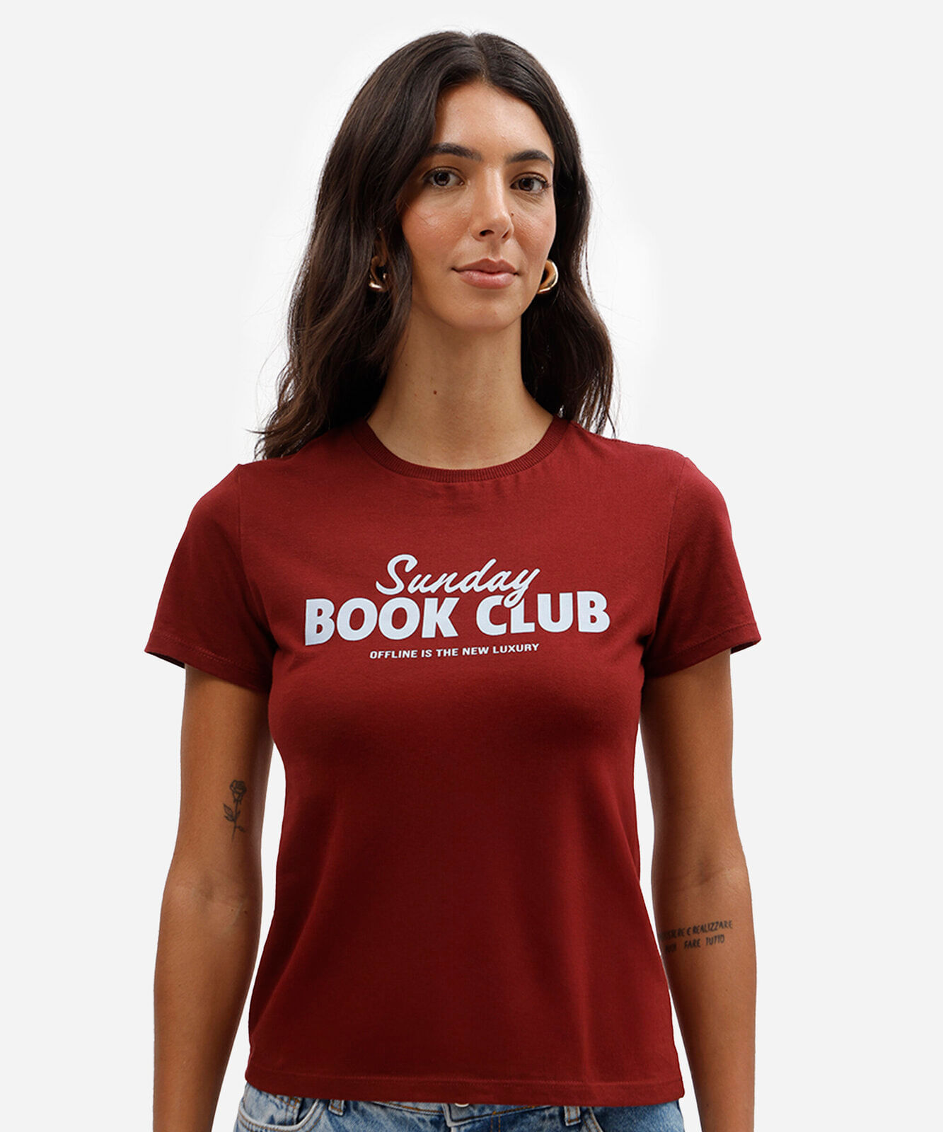 camiseta slim feminina de algodão manga curta estampada vinho