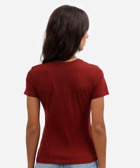 camiseta slim feminina de algodão manga curta estampada vinho