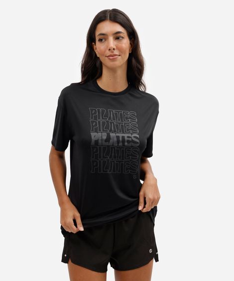 camiseta esportiva feminina manga curta estampada pilates preta