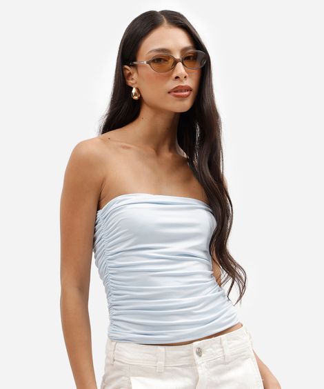 cropped feminino drapeado em malha azul