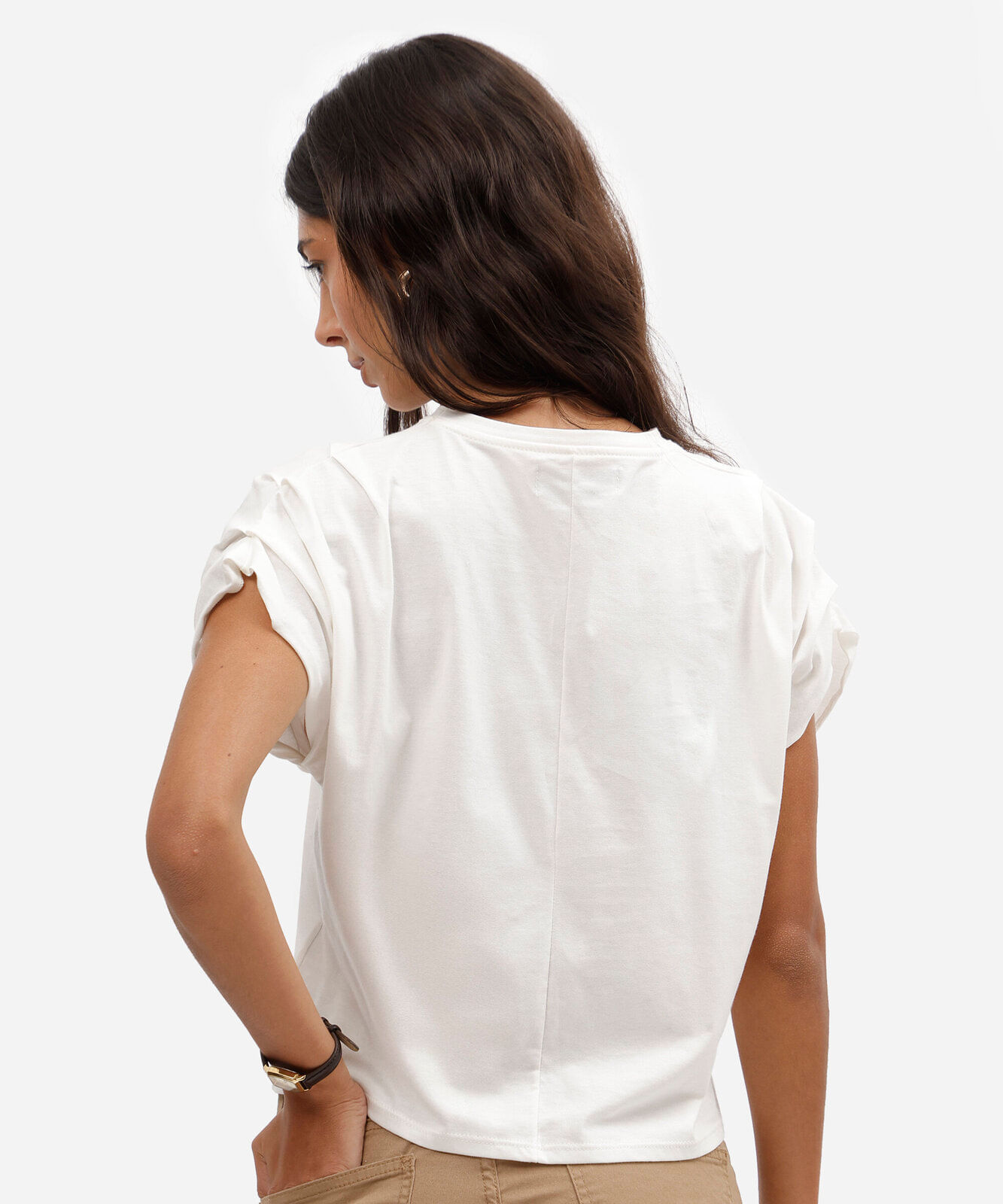 blusa feminina de algodão manga curta com pregas off white