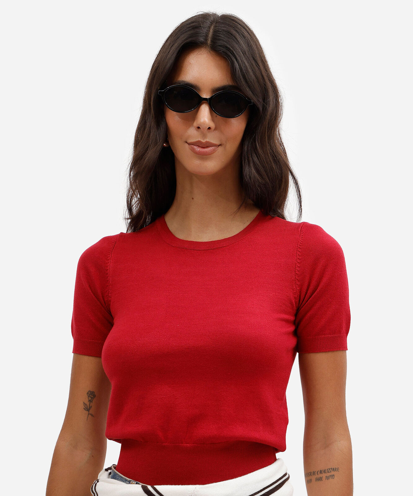 blusa cropped feminina de tricot manga curta vermelha