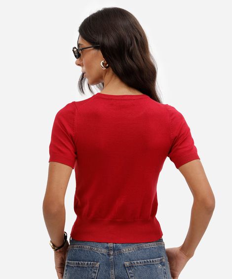 blusa cropped feminina de tricot manga curta vermelha
