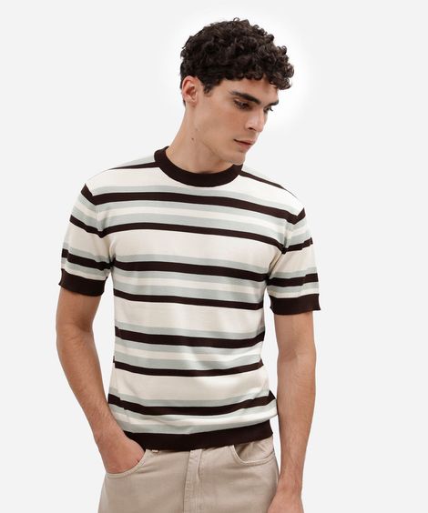 camiseta masculina de tricot manga curta listrada verde