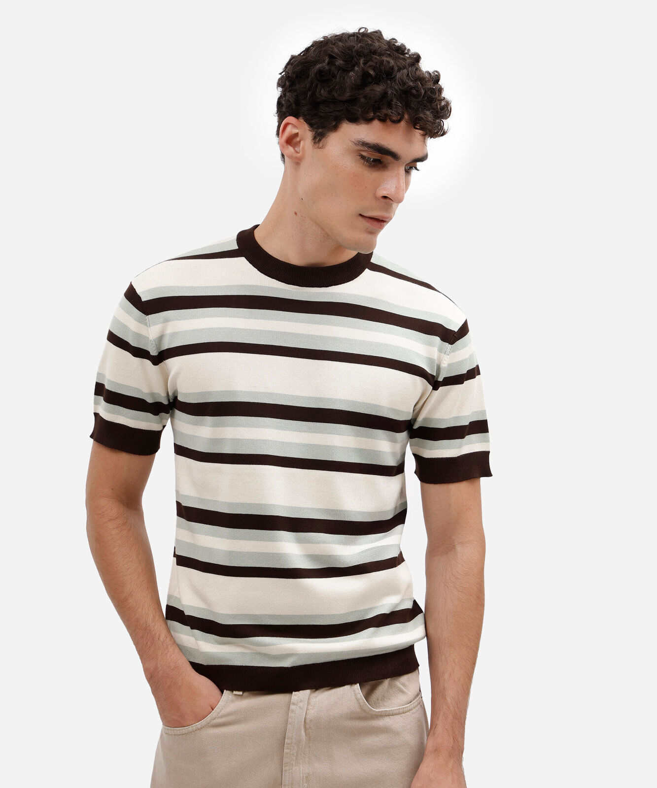 camiseta masculina de tricot manga curta listrada verde