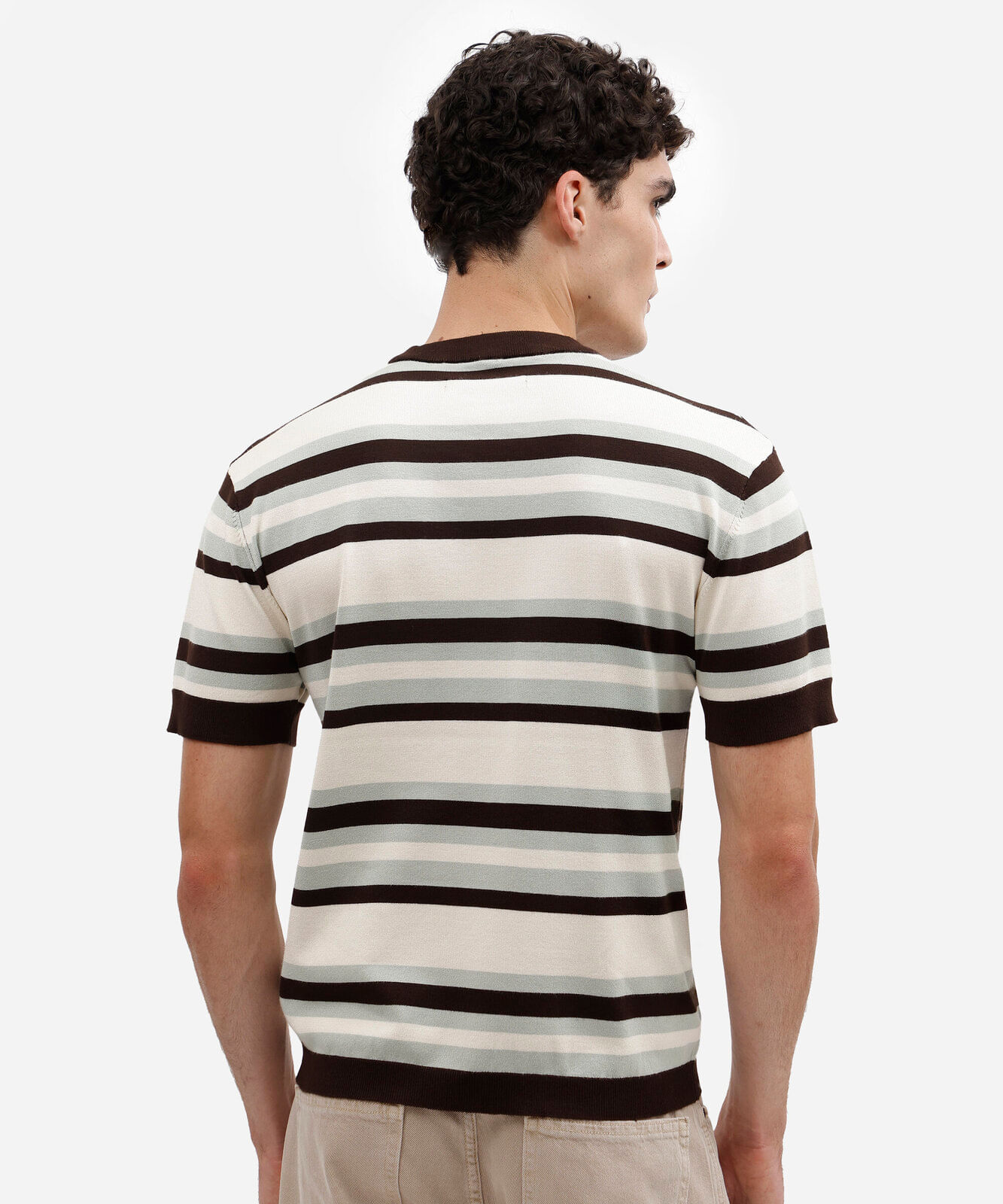 camiseta masculina de tricot manga curta listrada verde