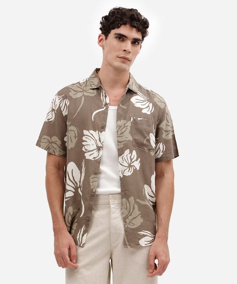camisa masculina com linho manga curta floral marrom