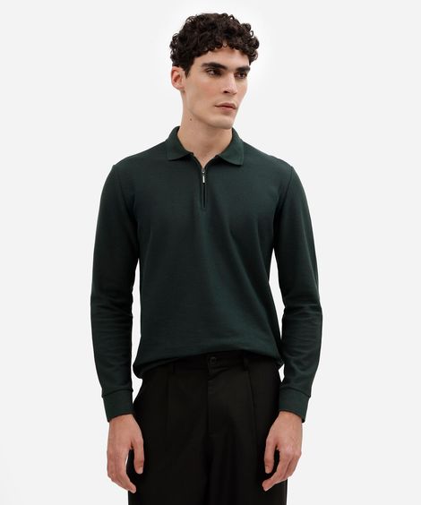 polo masculina com algodão e zíper manga longa verde